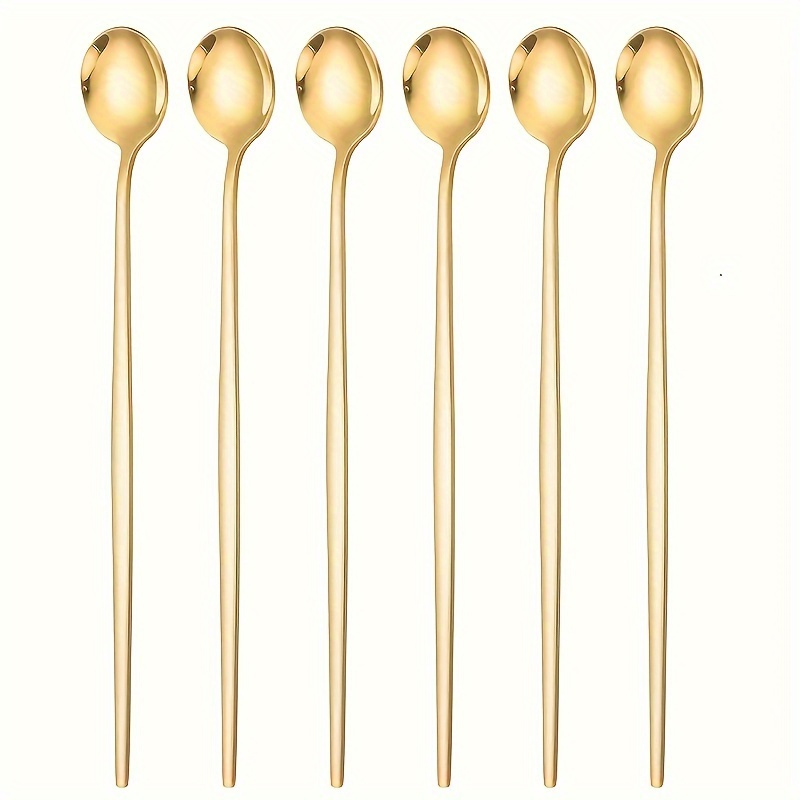 E-shop 6-teiliges Set Goldene Langstiel-Eis-Tee-Löffel Kaffeelöffel – Portugiesisches Design, Spiegeloptik, für Cocktails, Limonaden Kaffee,