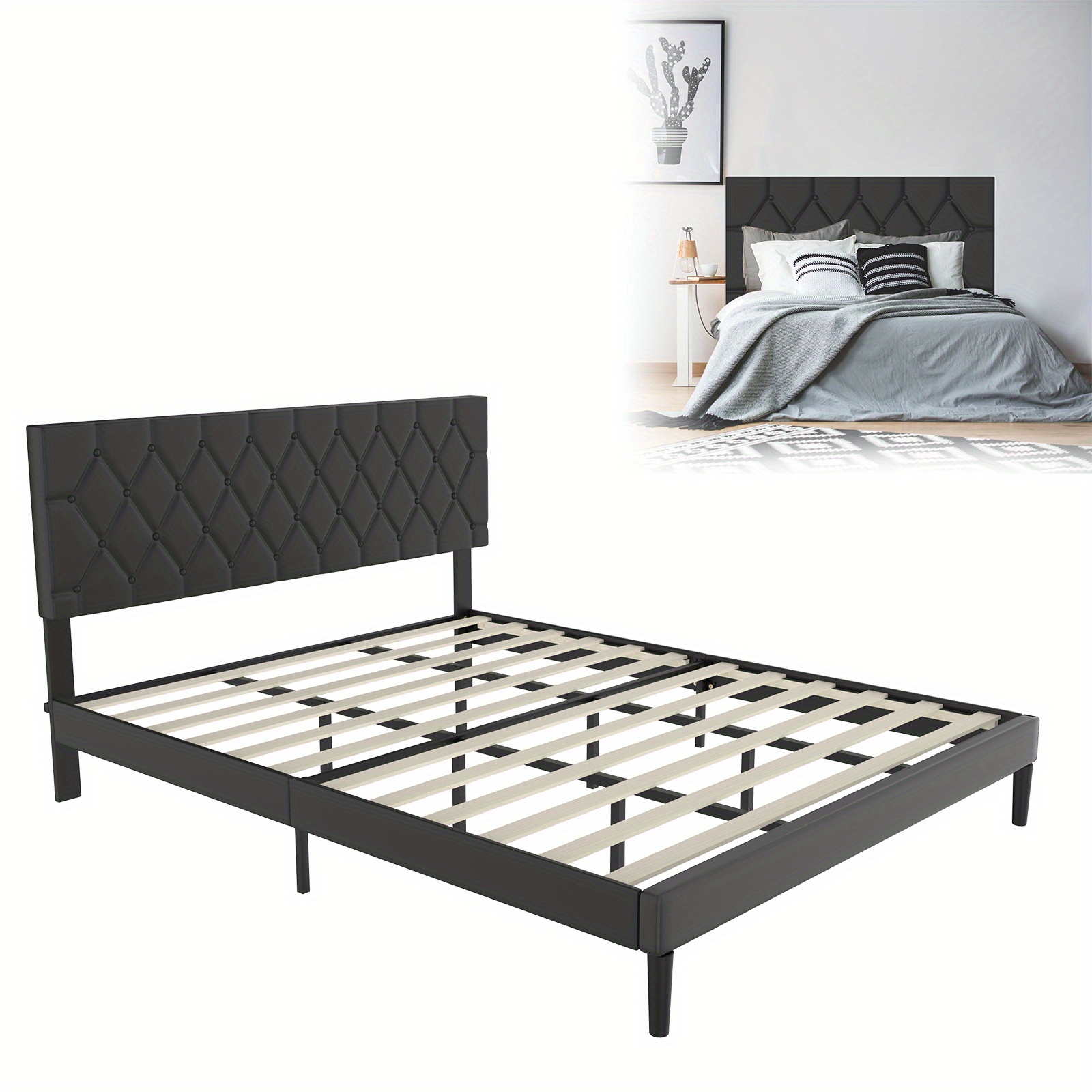 Upholstered Bed 90/ 140/ 160 X 200 Cm - Tufted Bed Frame, Platform Bed With Upholstered Headboard, Wooden Slatted Support, Double Bed For Adults, (black - Faux Leather)