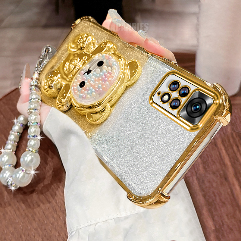 TEMU Phone Case: Pearl Glitter Lanyard Chain Wrist Strap Cute Plating Quicksand Bead Bear Bracket Folding Stand Holder Luxury Gradient Shockproof