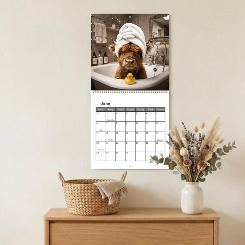 TEMU Calendrier mural suspendu pour l'année complète 2027 avec adorable vache Highland en robe - Agenda mensuel à grande, reliure à spirale légère