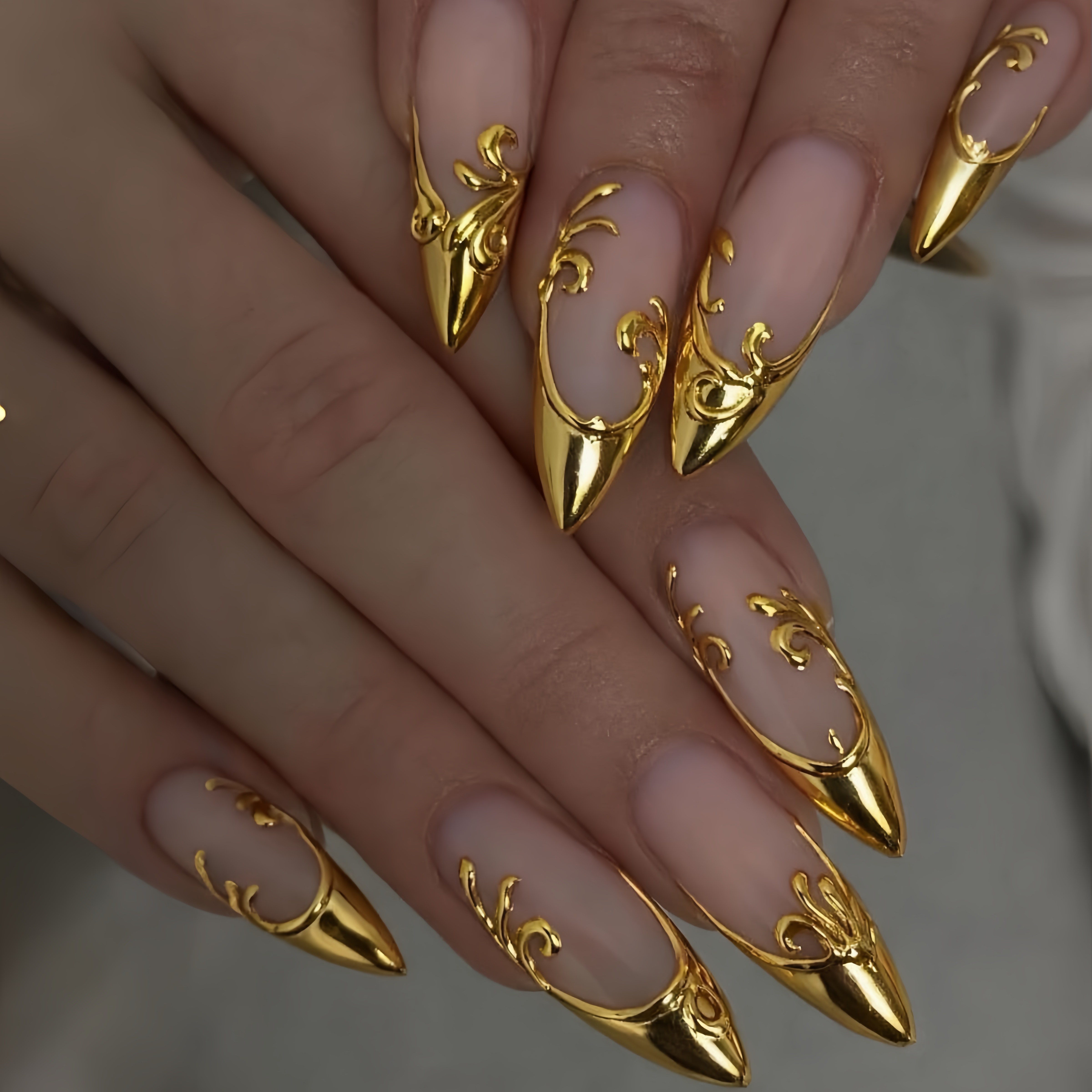 TEMU 24pcs 3d Embossed Gilded Nude Pink Carved Pointed Wearable Nails, Medium-long Glossy Fake Nails, Light Luxury French , Detachable Fake Nails,