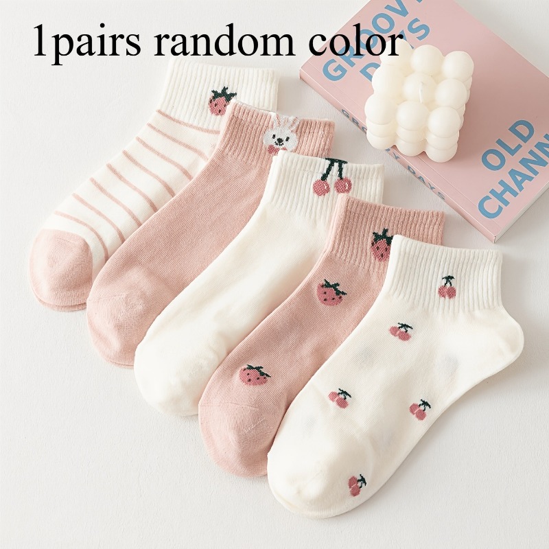 TEMU 1 Par de Calcetines Aleatorios para Mujer, de , Fresas y Conejos Rosados, Transpirables y Cómodos, , Se Pueden Usar en Todas