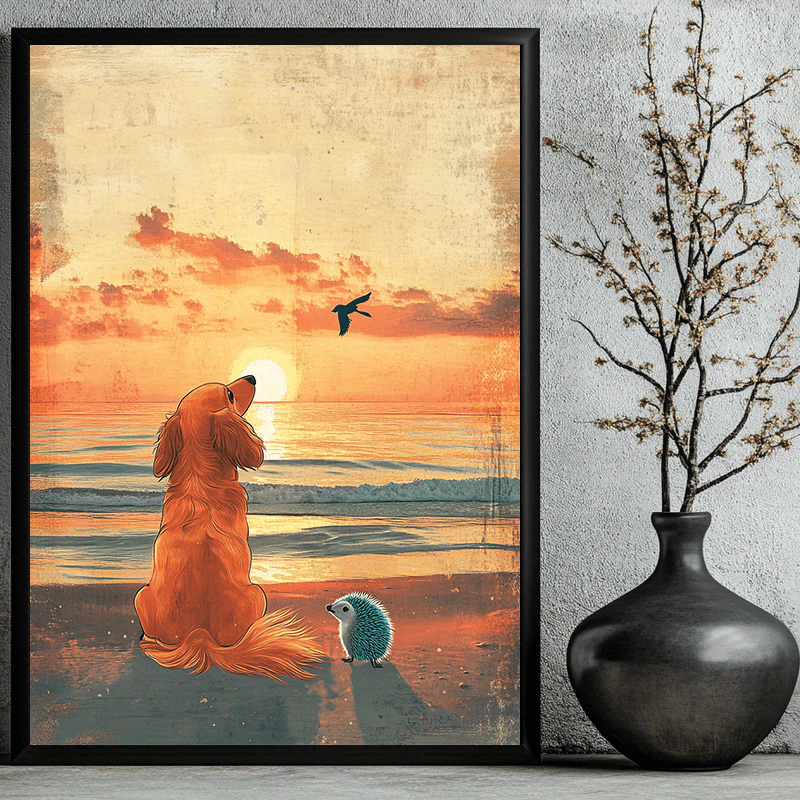 a very adorable long haired golden dachshund is   a beautiful and vibrant sunrise canvas art poster   measuring 12x16 inches unframed wall decor suitable for home bedroom living room bathroom hotel caf office and as a gift for family 0