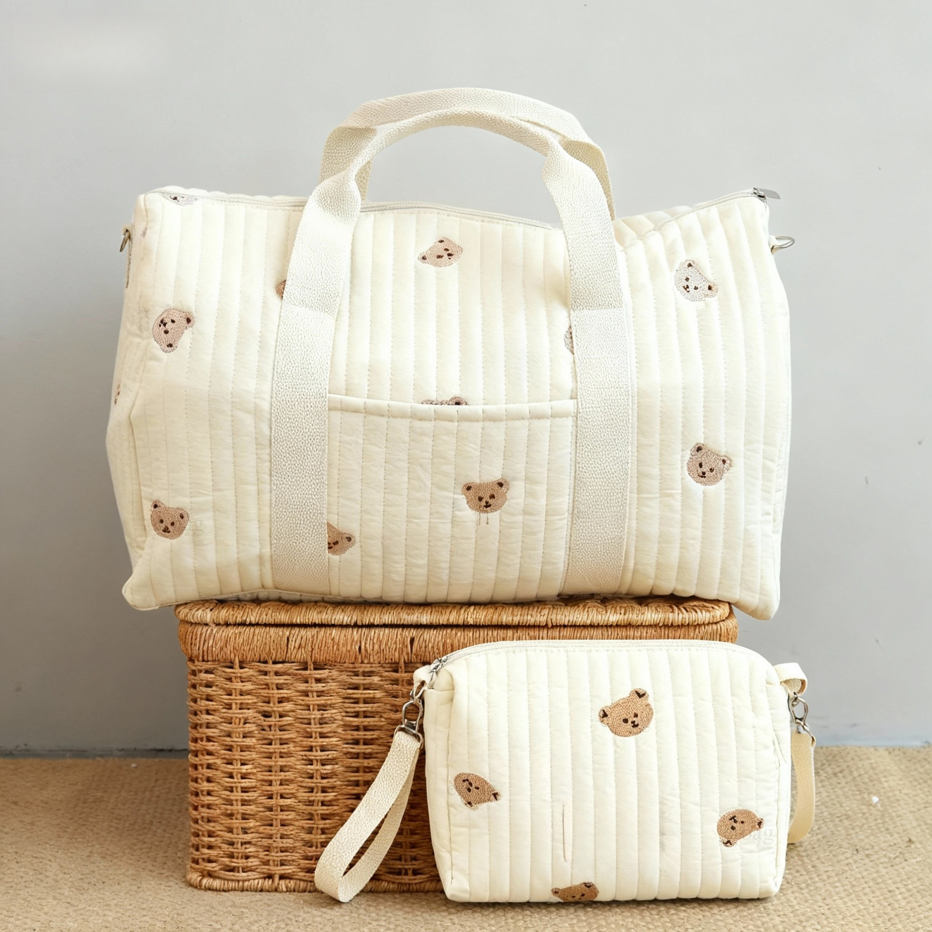 E-shop 2-teiliges neues Bären-Kinderwagen-Aufbewahrungstaschen-Set, tragbare Mama-Tasche mit großem Fassungsvermögen, Oxford-Stofftasche mit gedrucktem