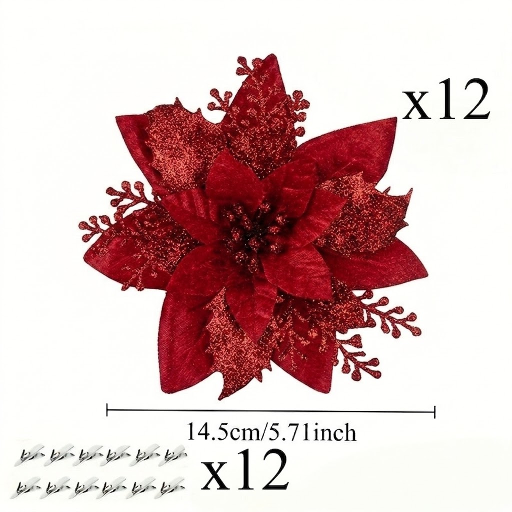 TEMU 24pcs Set Of Sparkling Artificial Christmas Flowers (12pcs Flowers And 12pcs Flower Clips) - Blue-pink Faux Flowers For Holiday Decor, Wedding