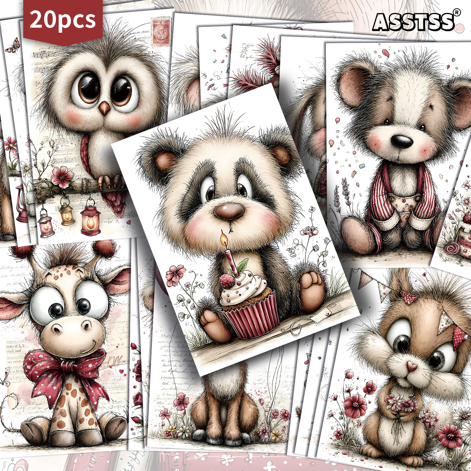TEMU Lot de 20 cartes postales ASSTSS Vintage Animal pour fête d'anniversaire - 4X6 pouces, fournitures de journal rétro, illustrations classiques,