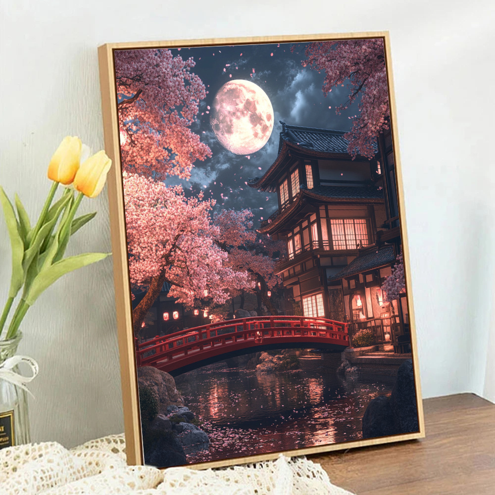 TEMU 1pc 5d Round Diamond Painting Kit, Japanese Temple And Cherry Scene - Diy Art Craft With Complete Tools, Oil Painting Canvas, Suitable For