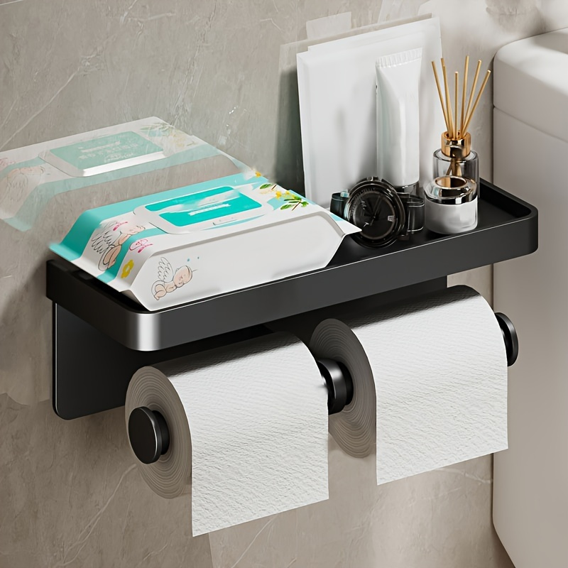 TEMU Distributeur de papier toilette en aluminium encombrant avec étagère - Élégant, installation perçage, surface pour les articles de toilette,
