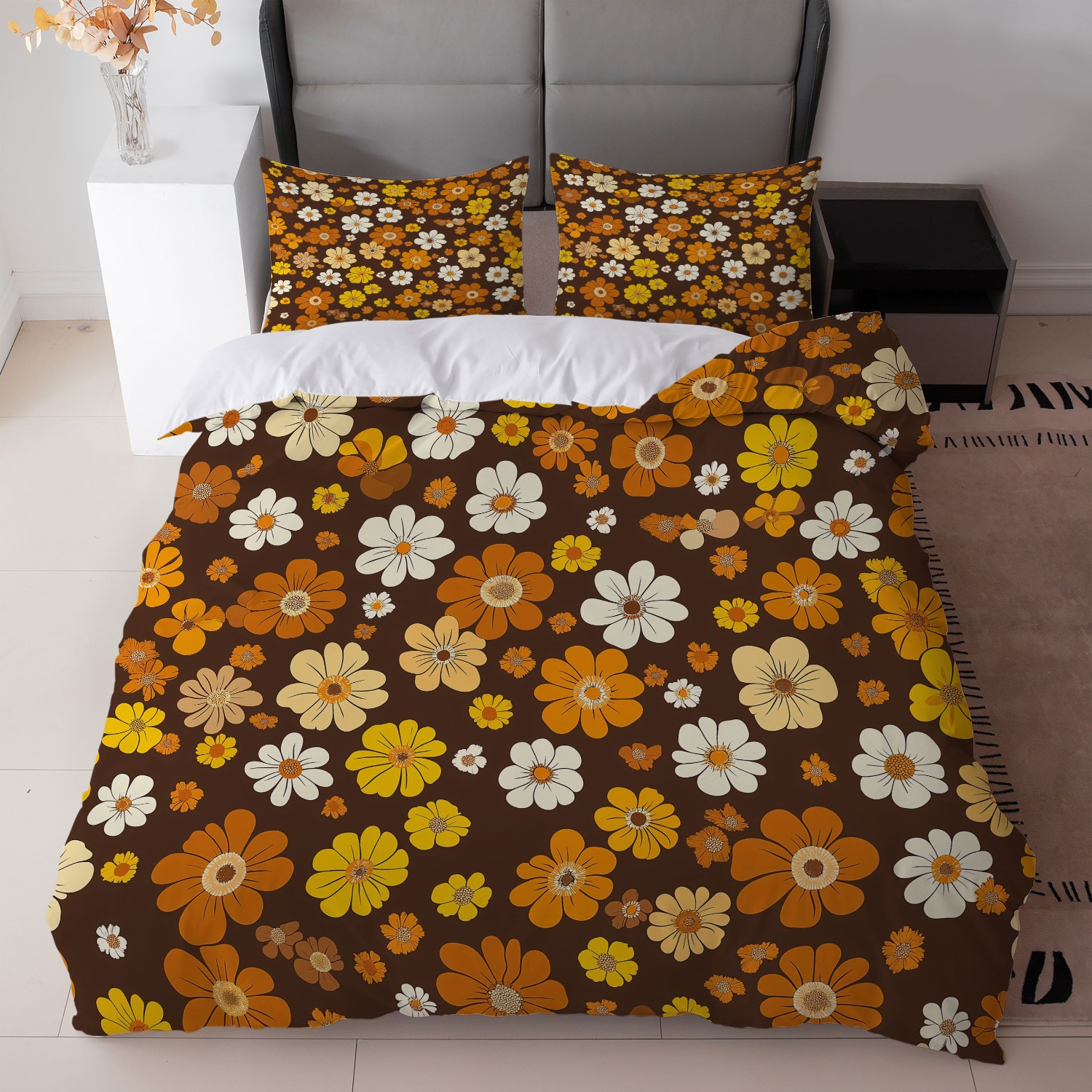 TEMU 3pcs Vintage Floral Bed Set - Brown And Orange Design (1 Duvet Cover   2 Pillowcases, Excluding Insert) - Ideal For Bedroom Decoration