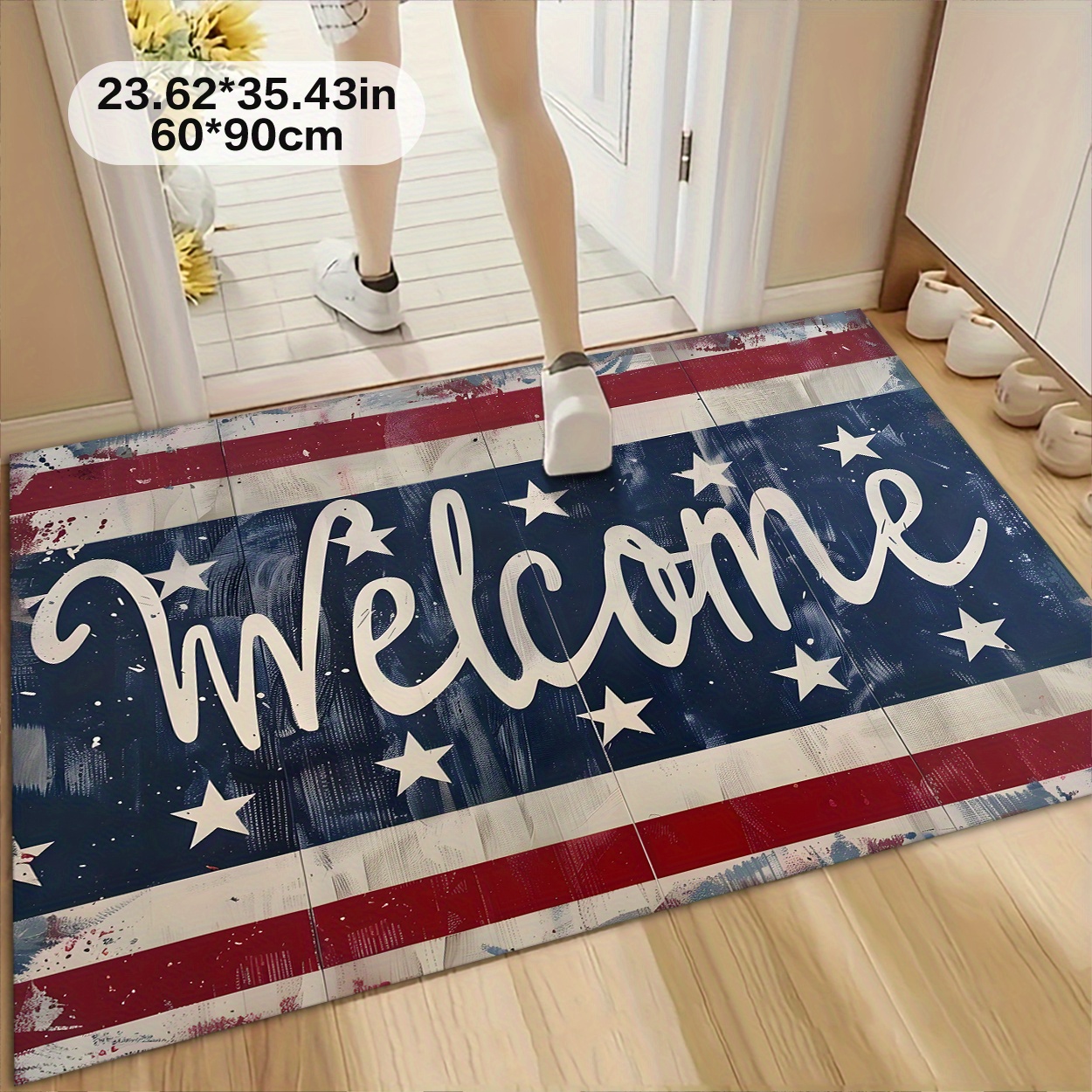 TEMU Holiday Christmas Gift: A Rug With A Blue, White, And Red Striped Star Pattern, Suitable For Home Decor. Used As A Welcome Mat, A Mat, A Bedside Rug
