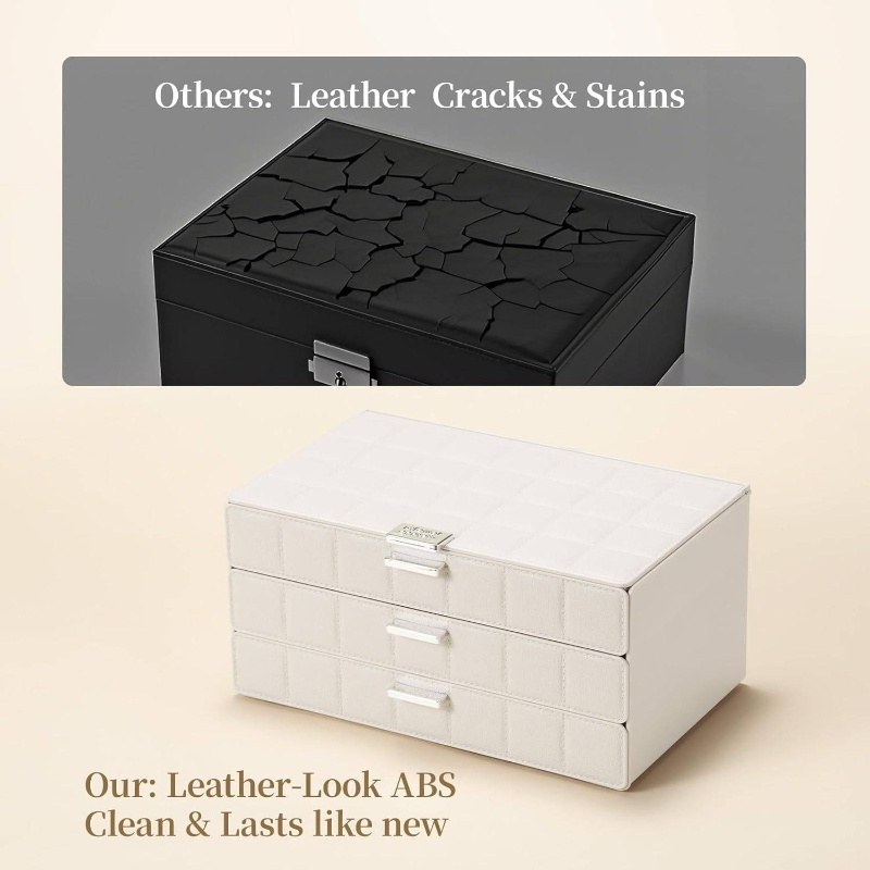 women s large jewelry box organizer with   - waterproof & dustproof heavy-duty plastic construction, white   leather-like texture, golden-  hinges & clear drawers - medium size with soft cushioned compartments for earrings, rings, necklaces, bracelets storage -     for home or travel, large jewelry organizer storage, jewelry box, jewellery box packaging, jewelry storage organizer, small jewelery holder Product details 2
