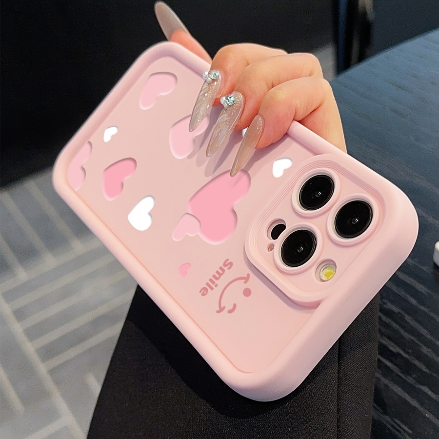 Pink Phone Case with Heart and Happy Face Pattern, Suitable for iPhone 15 Pro Max, iPhone 16/14 Plus/13 Pro/12/11. Provides Full Protection, Stylish Choice, Perfect as Valentine's Day Gift
