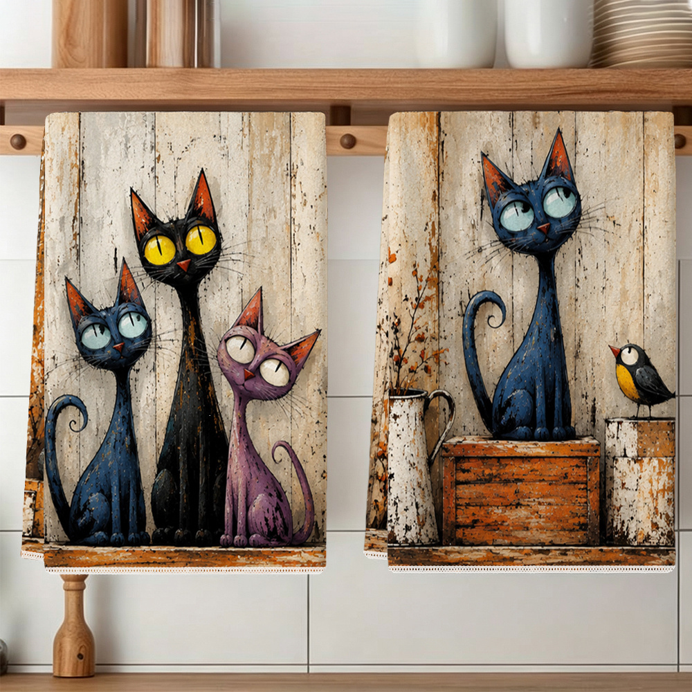 TEMU 2pcs Retro Cat Kitchen Towels Suitable For Bathroom & Dish Drying, Cute Three- Print Microfiber With Modern Decorative, Absorbent Suitable For