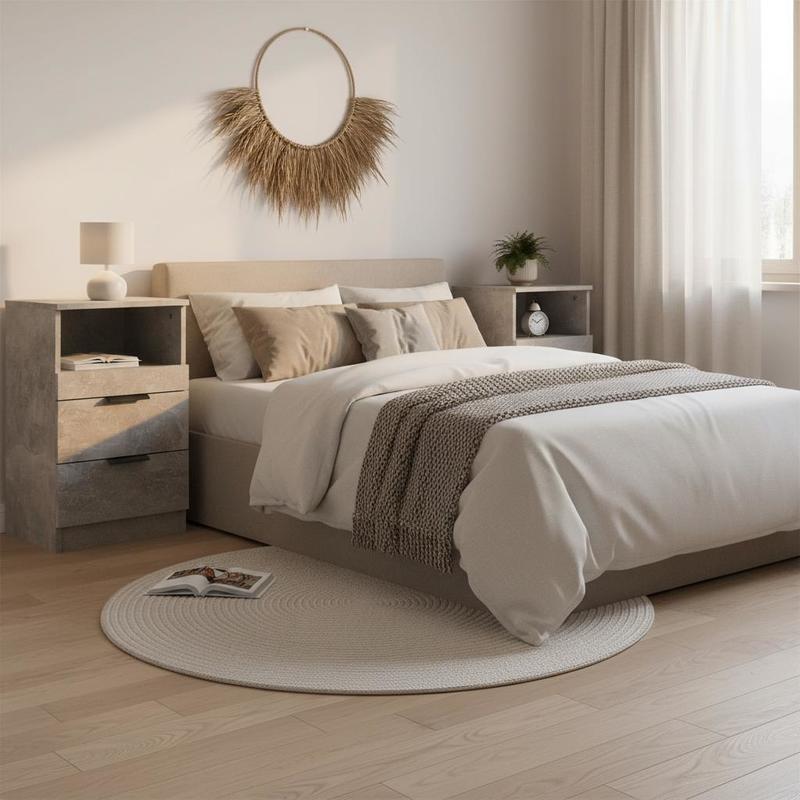 Image of 2pcs Set Bedside Table 40 Cm Concrete Gray - Modern Bedside Table Made Of Wood Material With 2 Drawers & 1 Compartment, High Side Cabinet For Bedroom & Office, 40 X 36 Cm