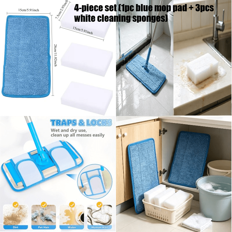 TEMU 4pcs Set (1pc Blue Mop Pad + 3pcs Sponges) - Does Not Include Mop Handle. Heavy-duty, Reusable Mop Pad (without Mop Handle), Suitable For Use