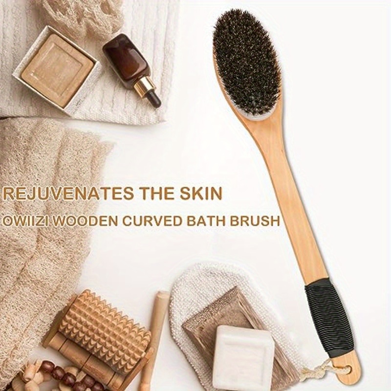   bath brush wooden curved long handle   shower brush for exfoliating natural mane scrubber for back use wet or dry back scrub deep cleanse17 2inches Product details 6