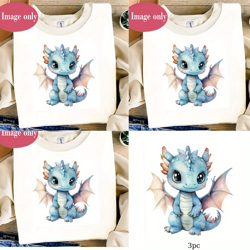 E-shop 3er-Set Niedliche Blaue Drachen Wärmeübertragungsaufkleber, DIY Bügelbilder, Geeignet für T-Shirt-Herstellung, Kissen-Dekorationen, Mehrfarbig,
