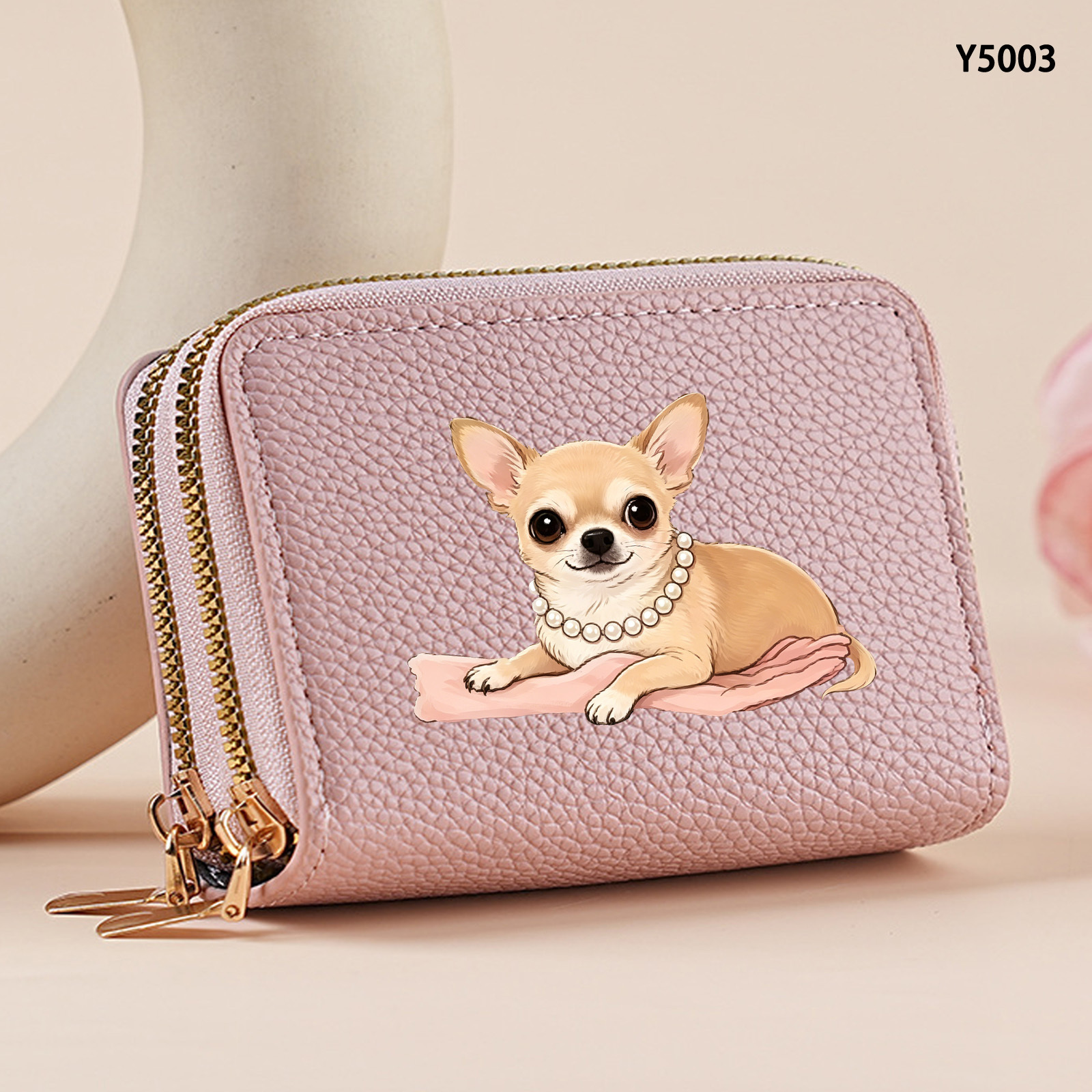 TEMU 1pc Of Stylish, Simple, And Versatile Double-layer Zipper Wallet Featuring A Chihuahua Silhouette Print With Necklace Design. This