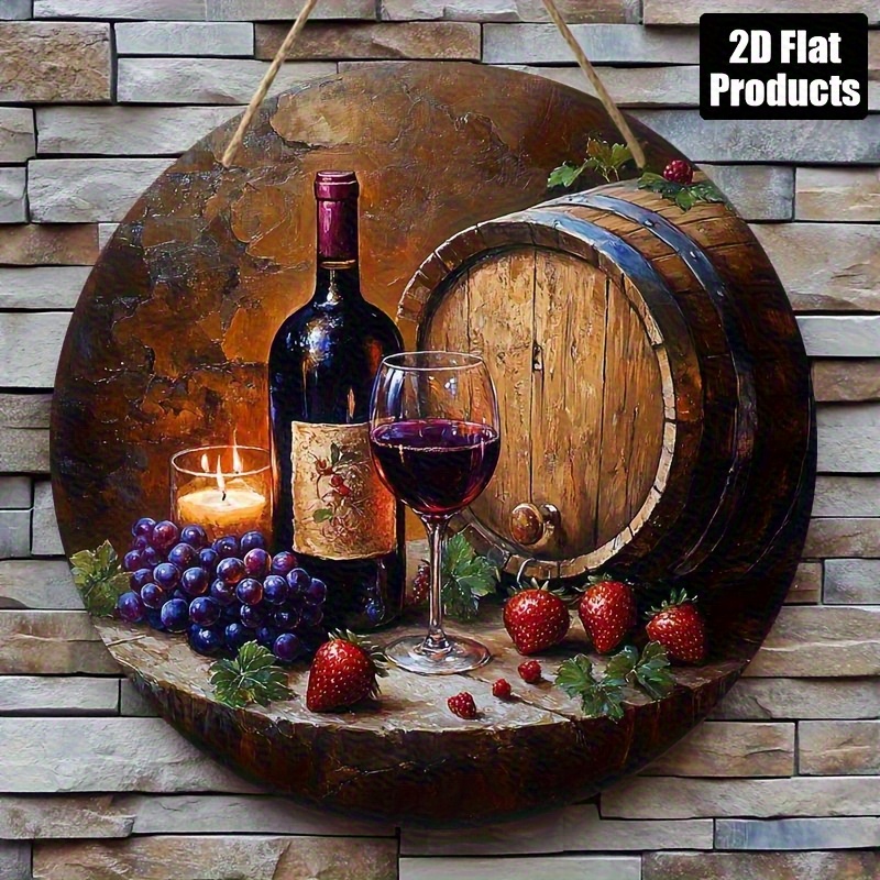 TEMU 2d Flat - [2d Flat] 2d Plane, 1pc Printed Round Wooden Board Decorative Sign - Grapes And Strawberries, Suitable For Bars, Kitchens, Cafes,
