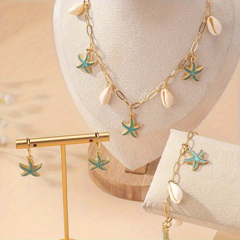 TEMU Beach Holiday Jewelry Set Featuring A Starfish Shell Necklace, Starfish Shell Bracelet, And A Pair Of Starfish Shell Earrings