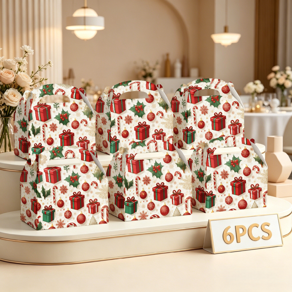 TEMU 6pcs Christmas Party Gift Candy Box Set Christmas Gift Pattern Candy Boxes With Handle - Paper Cookie Gift And Snack Goodie Bags For Christmas