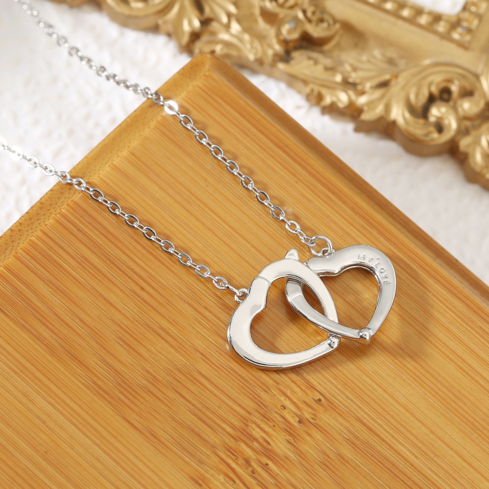 Women's Romantic Double Overlapping Ring Heart Necklace
