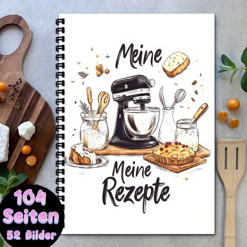 TEMU 1pc A5 Fun German Recipe Notebook - Blank Personal Recipe Notebook, Black Spiral Bound, Can Hold Up To 100 Recipes. Homemade Menu Health Recipe
