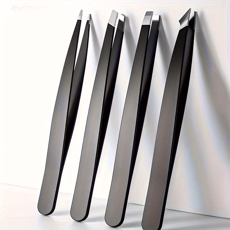 set of four stainless steel tweezers designed for removing hair trimming and shaping eyebrows including precision eyebrow tweezers and tools for managing facial hair with a smooth precision tip Product details 1