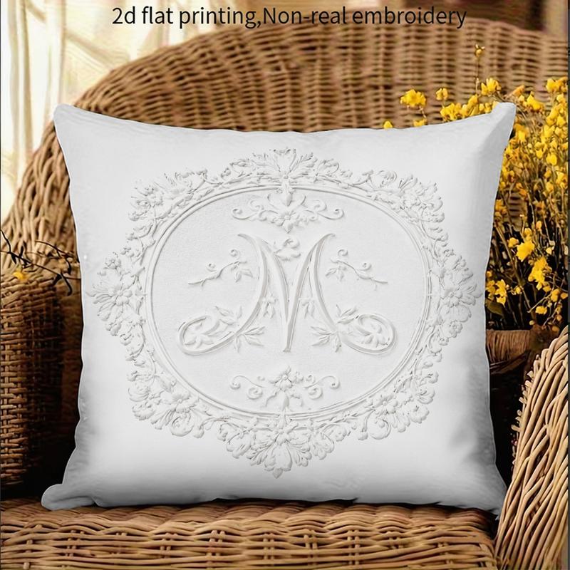 TEMU 1 Housse de coussin , Impression plate 2D vintage avec "M" et floraux, Plusieurs spécifications disponibles, pour canapé, salon et chambre à