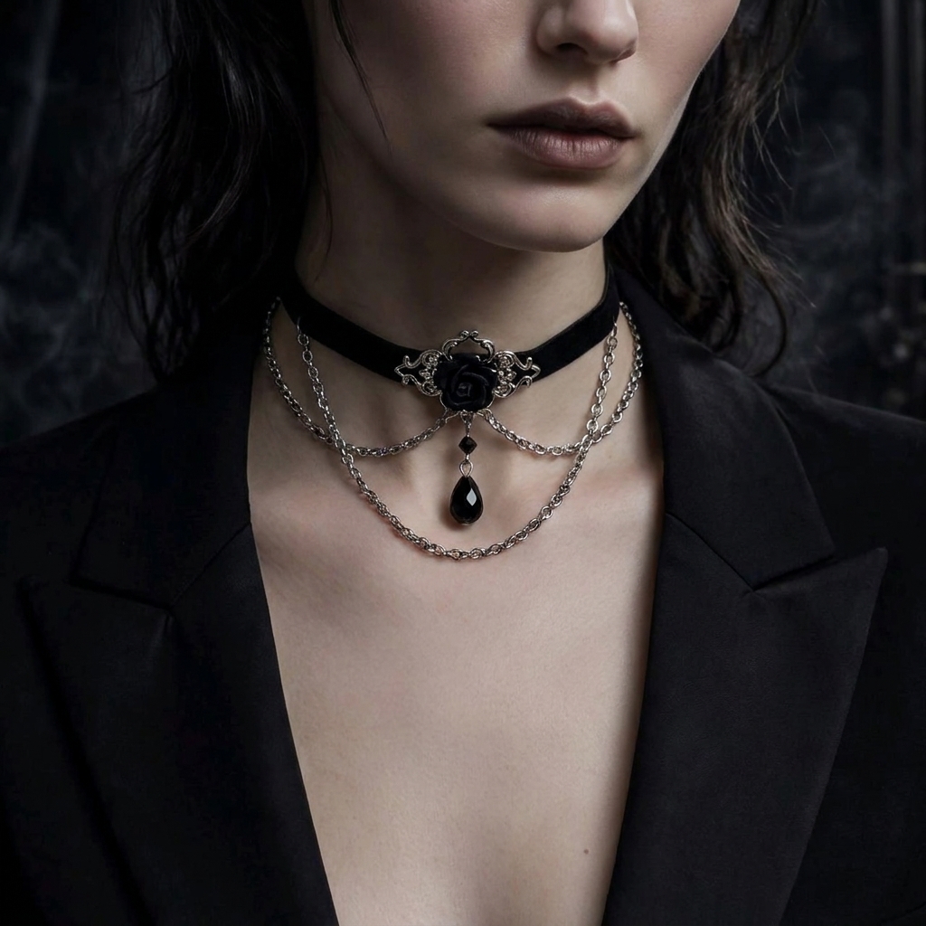 TEMU 1pc Choker Necklace Women's Gothic Style, Black Velvet With Black Rose Pendant, Retro Silvery Engraving, Teardrop Pendant Chain, Dark Victorian