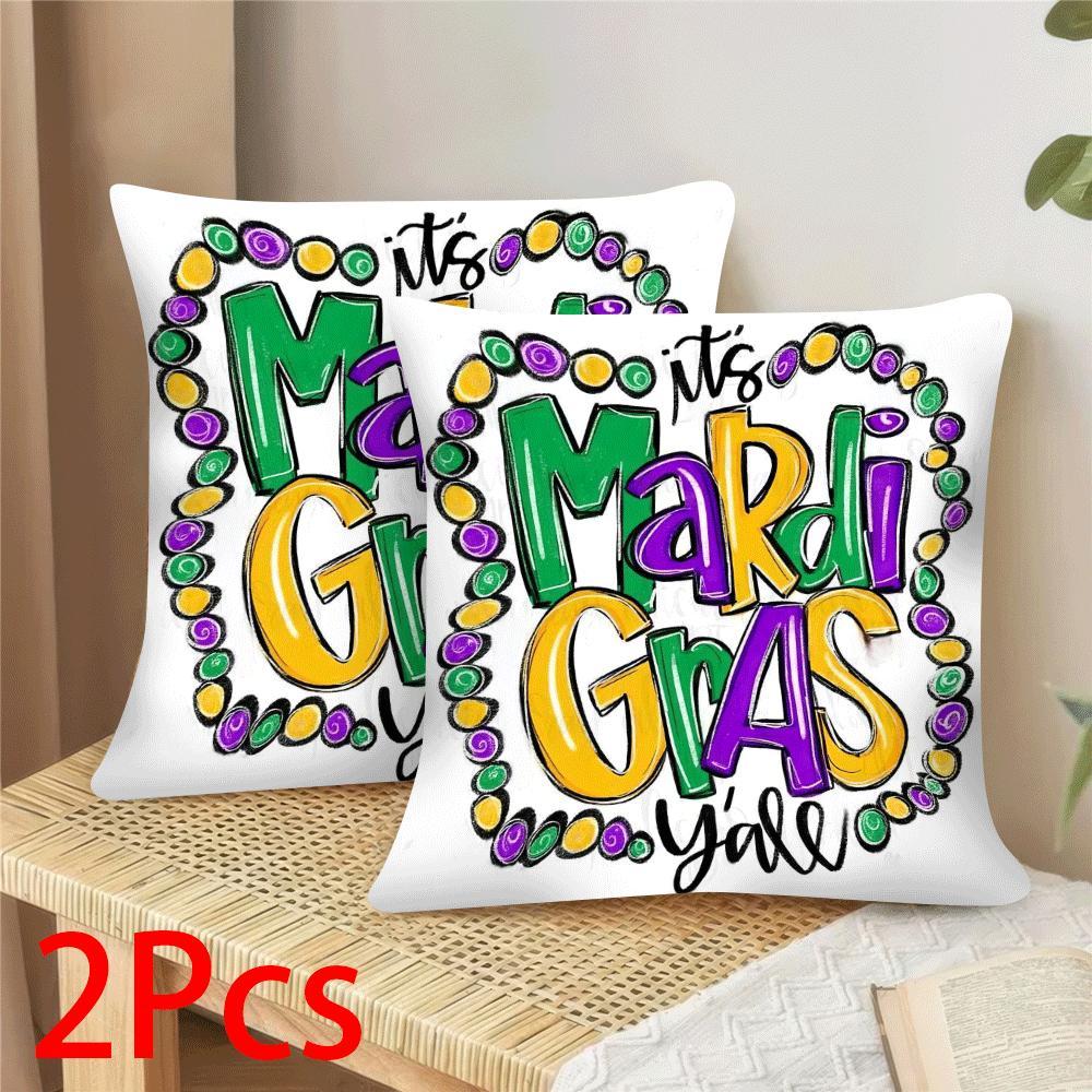 

2pcs Mardi Gras Throw Pillow Covers, 18x18 Inches, Soft Short Plush With Beads & Jewelry Design, Zippered Cushion Cases - Ideal For Carnival & Seasonal Decor, Machine Washable (no Insert)