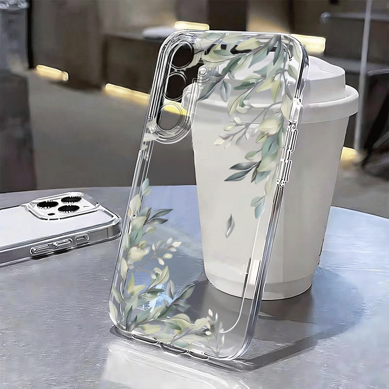 TEMU Phone Case: Phone Case - New Transparent Tpu With 2d Green Branch And Leaf Pattern, Suitable For Galaxy
