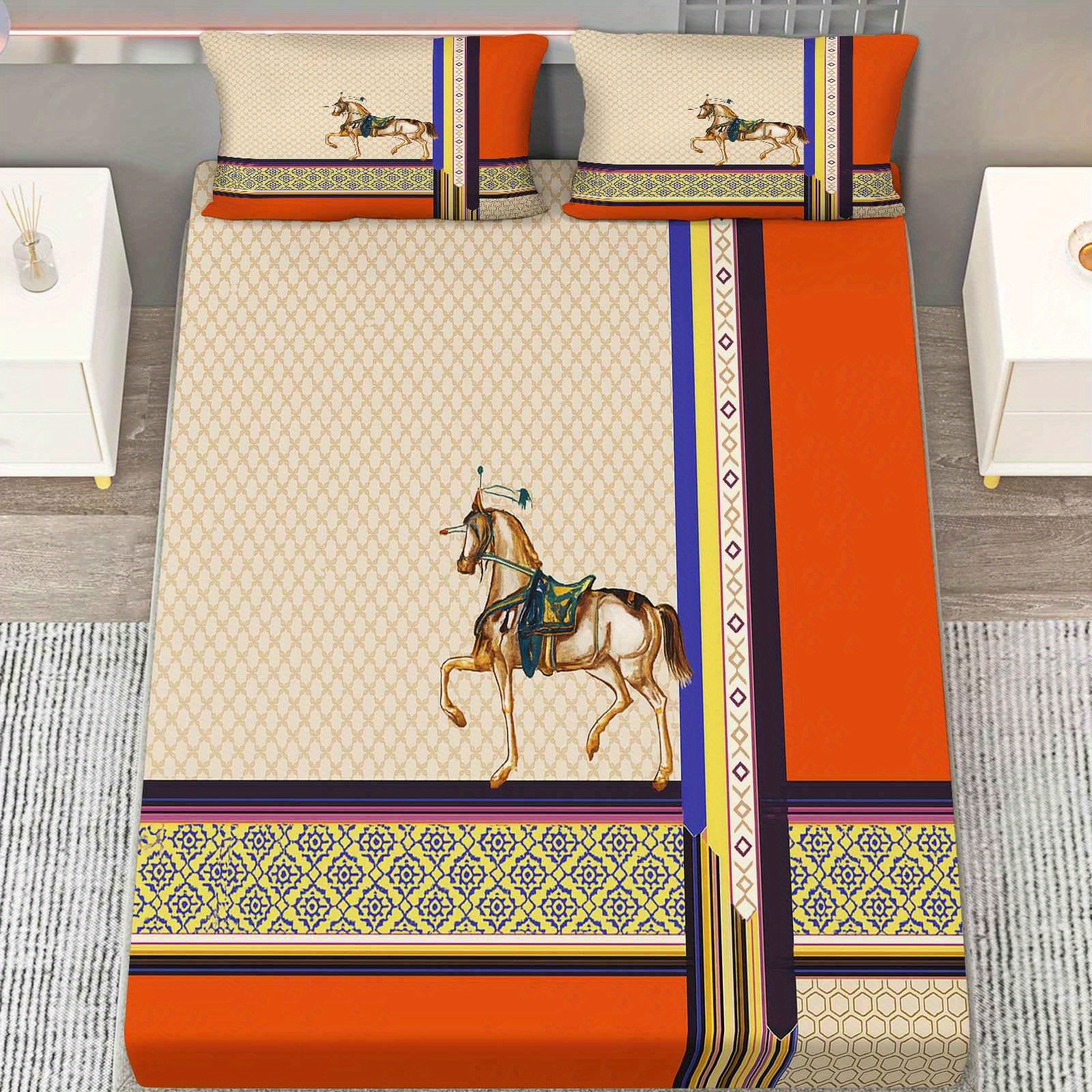 TEMU Set Of 3 Elegant Vintage Bed, Including 1 Fitted Sheet And 2 Pillowcases, , With A Festive Theme, Soft And Breathable Mattress Protector