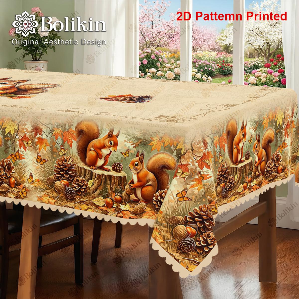 TEMU 1pc 2d Flat Decorative Tablecloth Autumn Squirrel Fall Print Lace Edge Tablecloth For Dining Room Rectangular Polyester Tablecloth, Suitable For