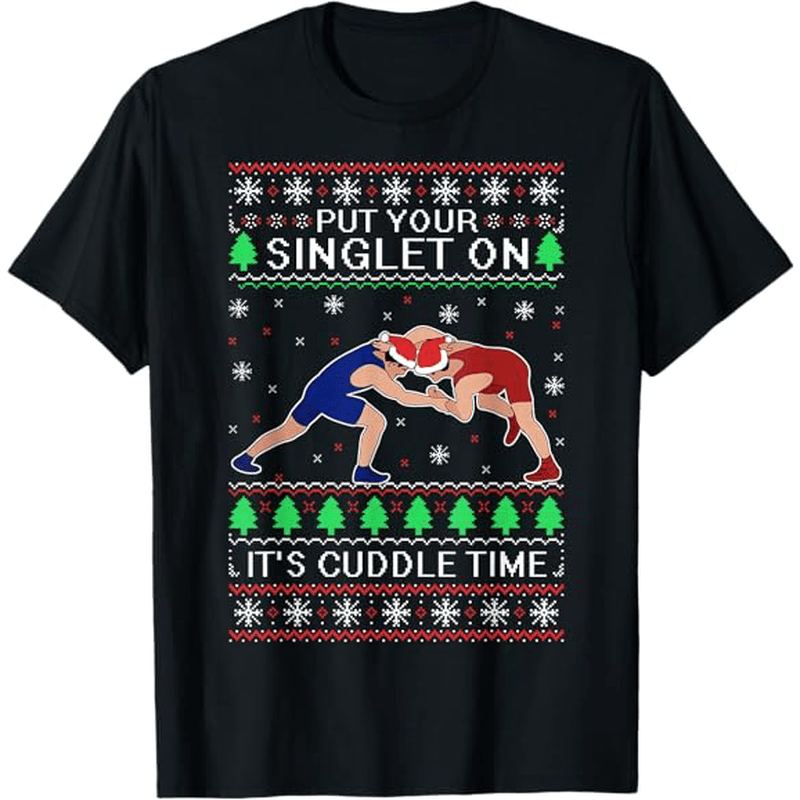 

1pc Wrestling Themed Christmas T-shirt - 180gsm Pure Cotton, Single-sided Print, Men' Crew Neck Tee With Slight Stretch, Graphic For Sports & Casual Wear, S-xxxl