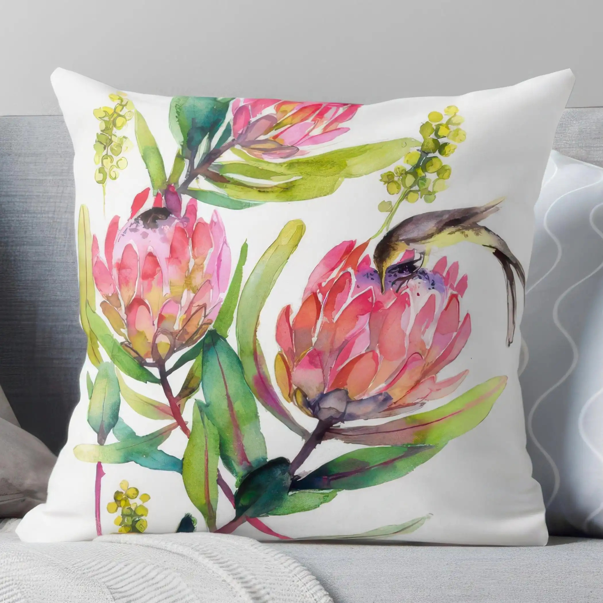 TEMU Double-sided 1pc 2d Flat Vintage Watercolor Pink Flower And Bird Pattern Pillowcase, Soft Short Plush Fabric With Zipper Closure, Machine