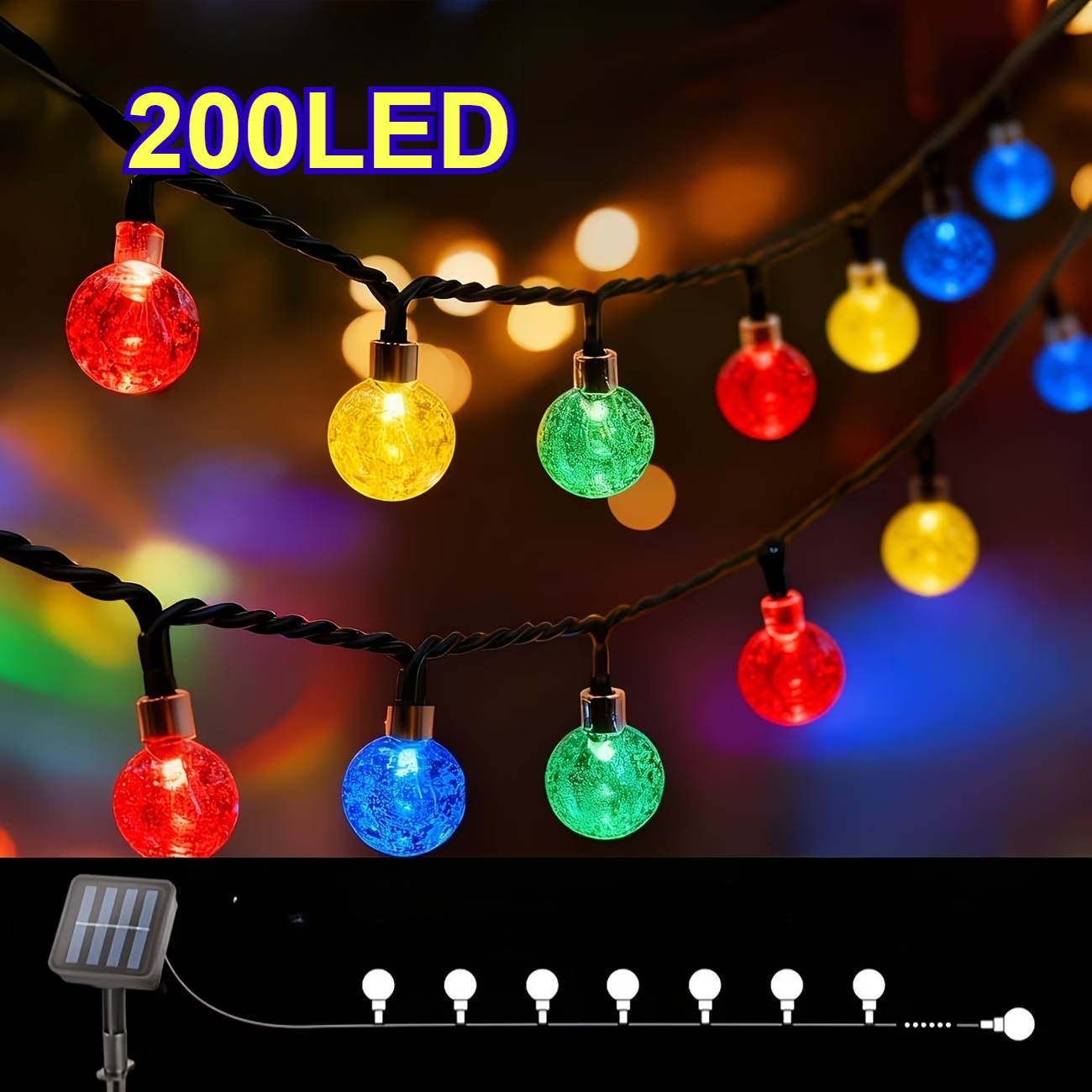 E-shop 200 LED Solar Bubble Ball Lichterkette mit 8 Beleuchtungsmodi, IP65 Schutzklasse und 0,66-Zoll Kristallkugeln. Geeignet für Gärten, Bäume, Höfe,