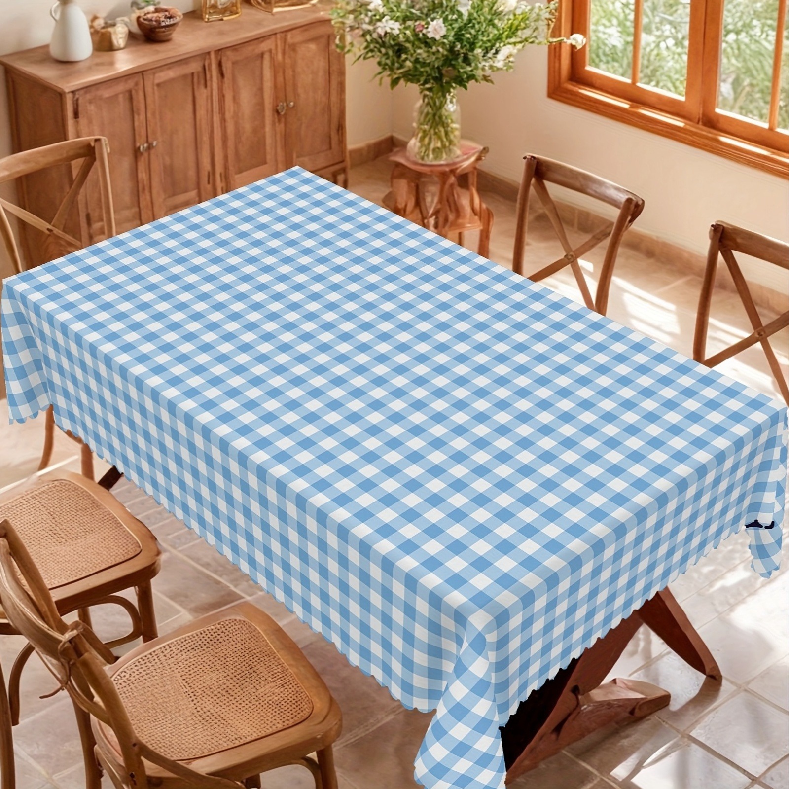 TEMU 1pc Blue White Checkered Pattern Tablecloth, Easy Versatile Dining Table Cover, Lace Trim Design, Party, Terrace Indoor Outdoor Decor,