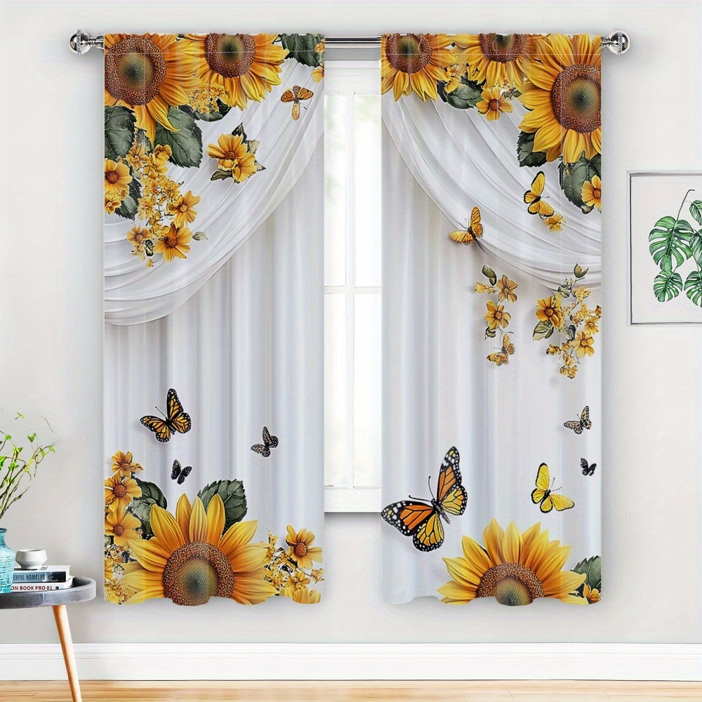 TEMU 2d Flat, 2pcs 2d Flat Printed Room Curtains, 2pcs Bedroom Curtains With Rod Pocket Semi-transparent Curtains â Sunflower & Print For Kitchen &