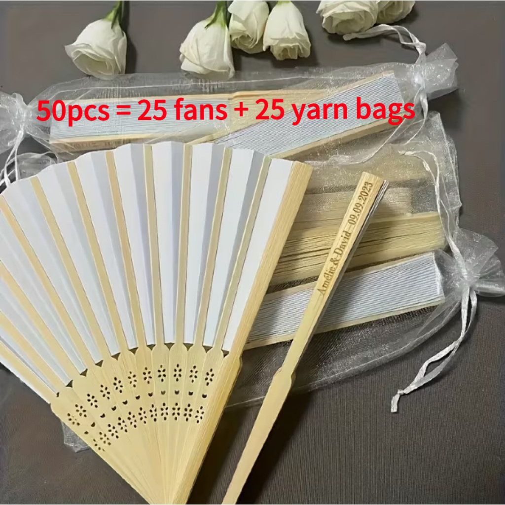 TEMU 50 éventails pliants gravés personnalisés avec sacs cadeaux - Élégants éventails bohèmes en papier pour , fêtes de d', anniversaires, baptêmes,