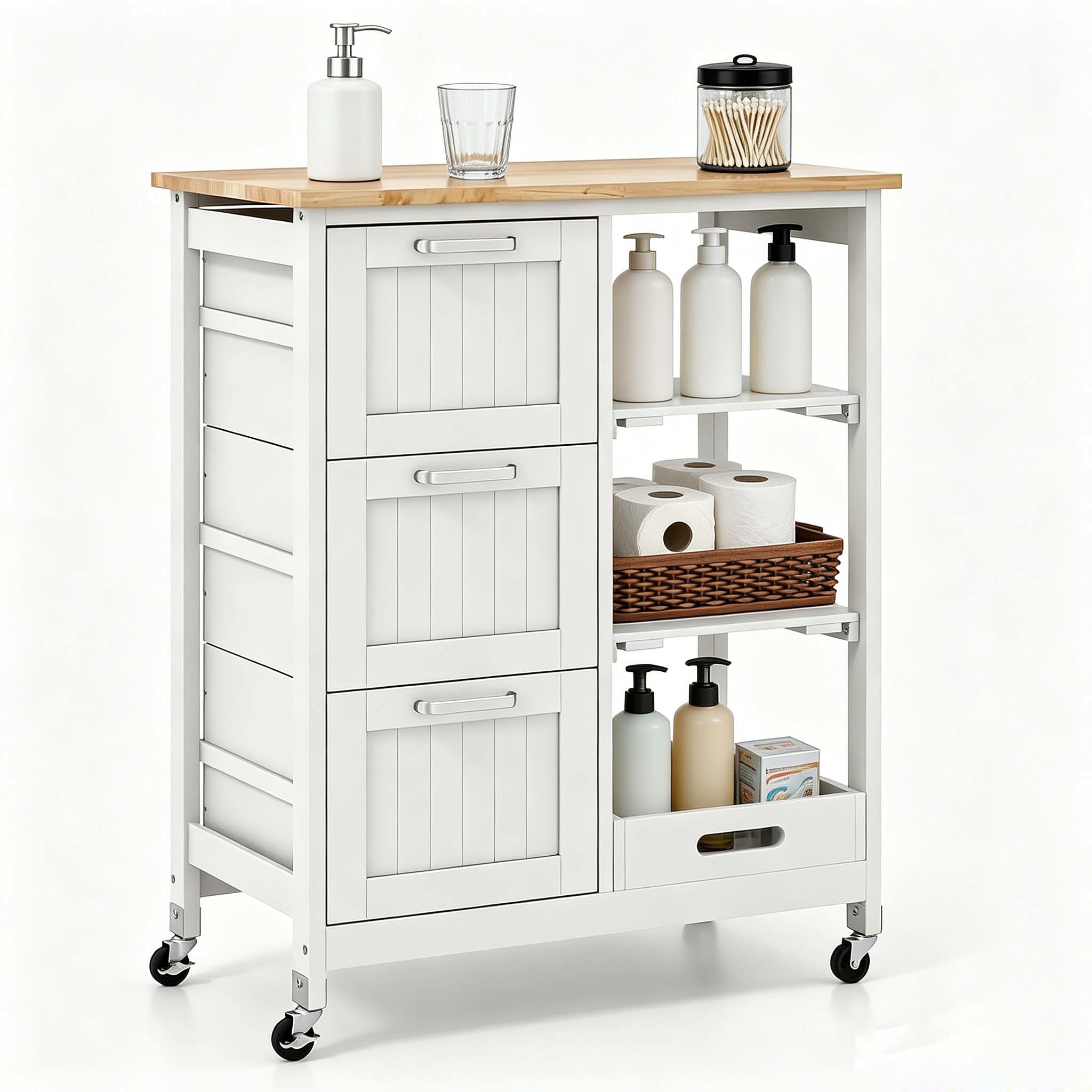 Image of Shelves, Cart On Wheels, Rolling Utility Cart W/ Rubber Wood Top, 3 Storage Drawers & 2 Removable Shelves & Removable Tray, Lockable Casters, White, Utility Racks
