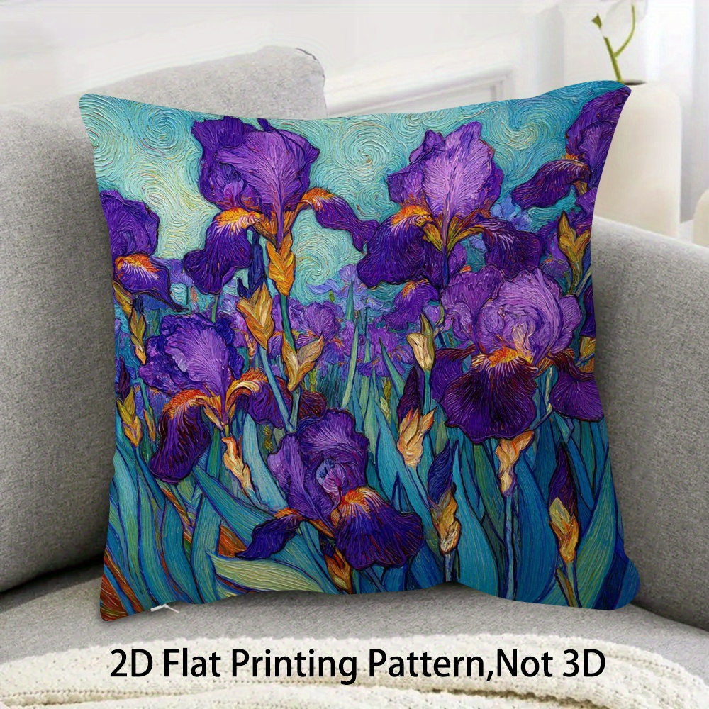 TEMU 1 taie d'oreiller, Iris de Van Gogh - Tissu peluche court doux et lisse, motif imprimé sur une face, fermeture éclair, violet foncé, bleu, doré,