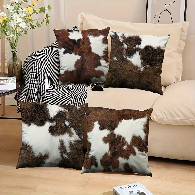 4pcs double sided cowhide print pillow covers soft plush retro animal print cushion cases with zipper closure machine washable multiple sizes for living room bedroom sofa decor farmhouse pillow covers bedroom accessories rustic home decor textured fabric 2d flat Product details 0