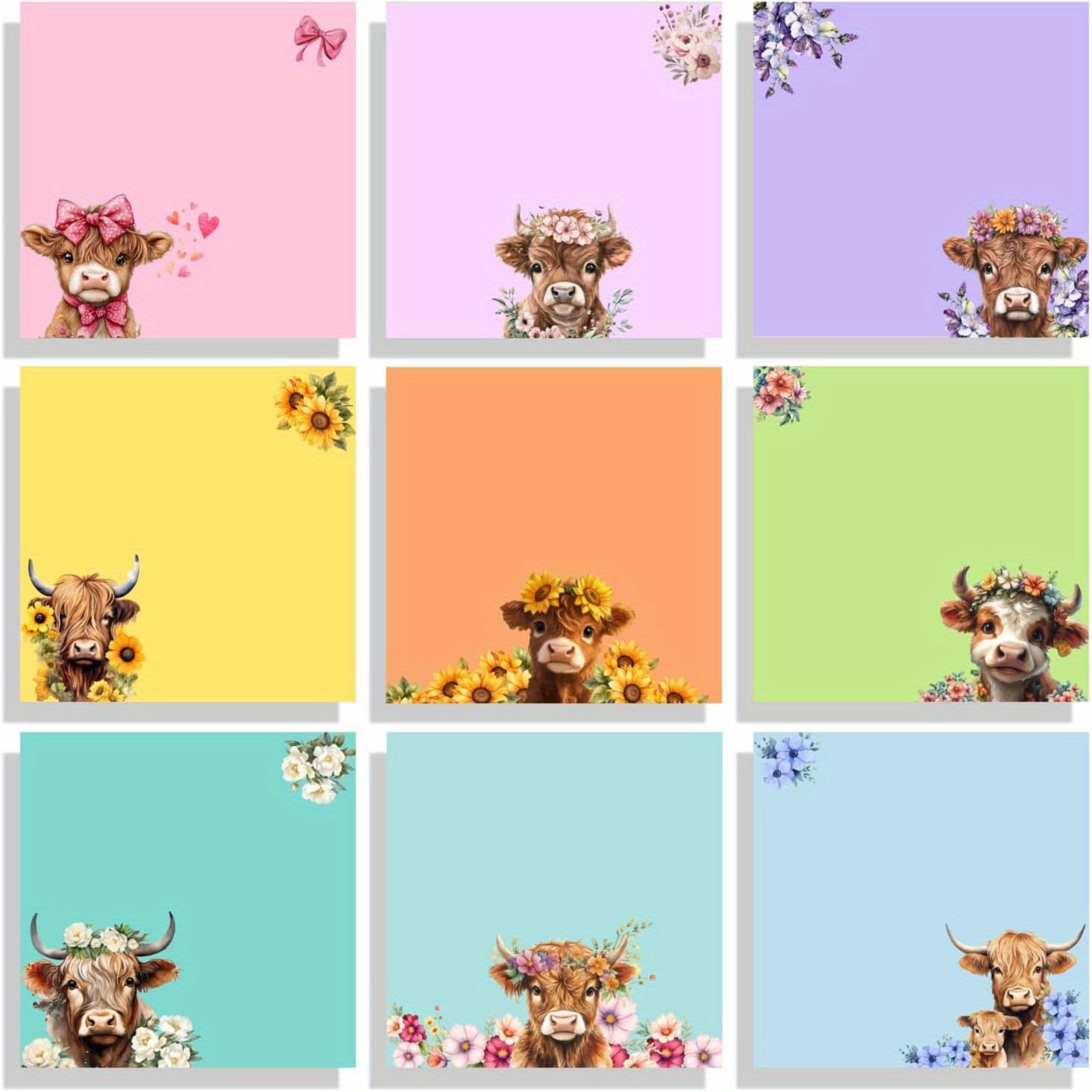 TEMU 9-pack/highland Cow Cute Sticky Note Set- Floral And Cow Design, Super Sticky Notes, Suitable For Office, Classroom, And Home, Perfect Gift For