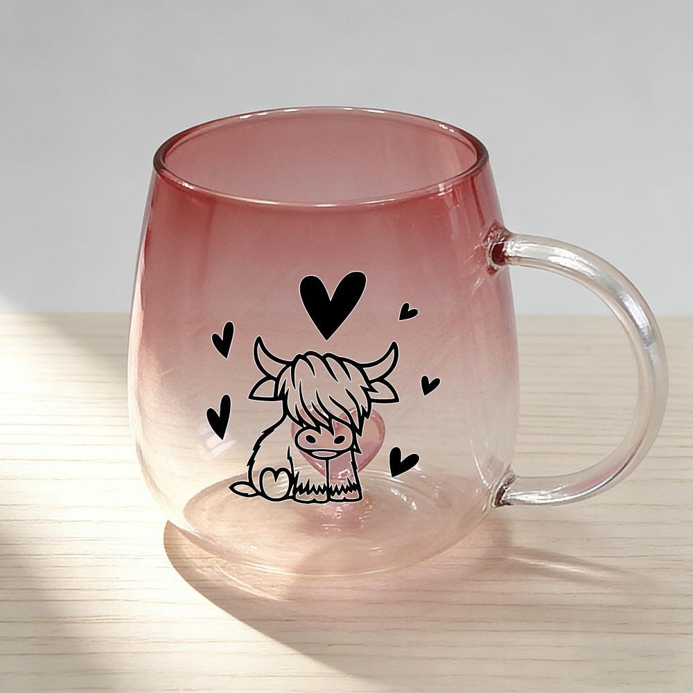 TEMU Novelty Glass Cup, Highland Cow And Hearts Gradient Glass Coffee Mug With Handle, Kawaii Black White Line Art Design, Practical Cup For Home