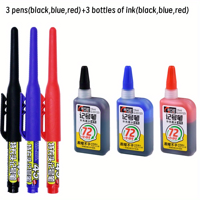 Image of 3pens + 3 Refill Bottles,deep Hole Long Nib Marker Pens, Versatile Marker Set With , Extra-long 45mm Tip - Black, Blue, Red, Green Ink, For Construction, Ornament Fixing & Timber Marking