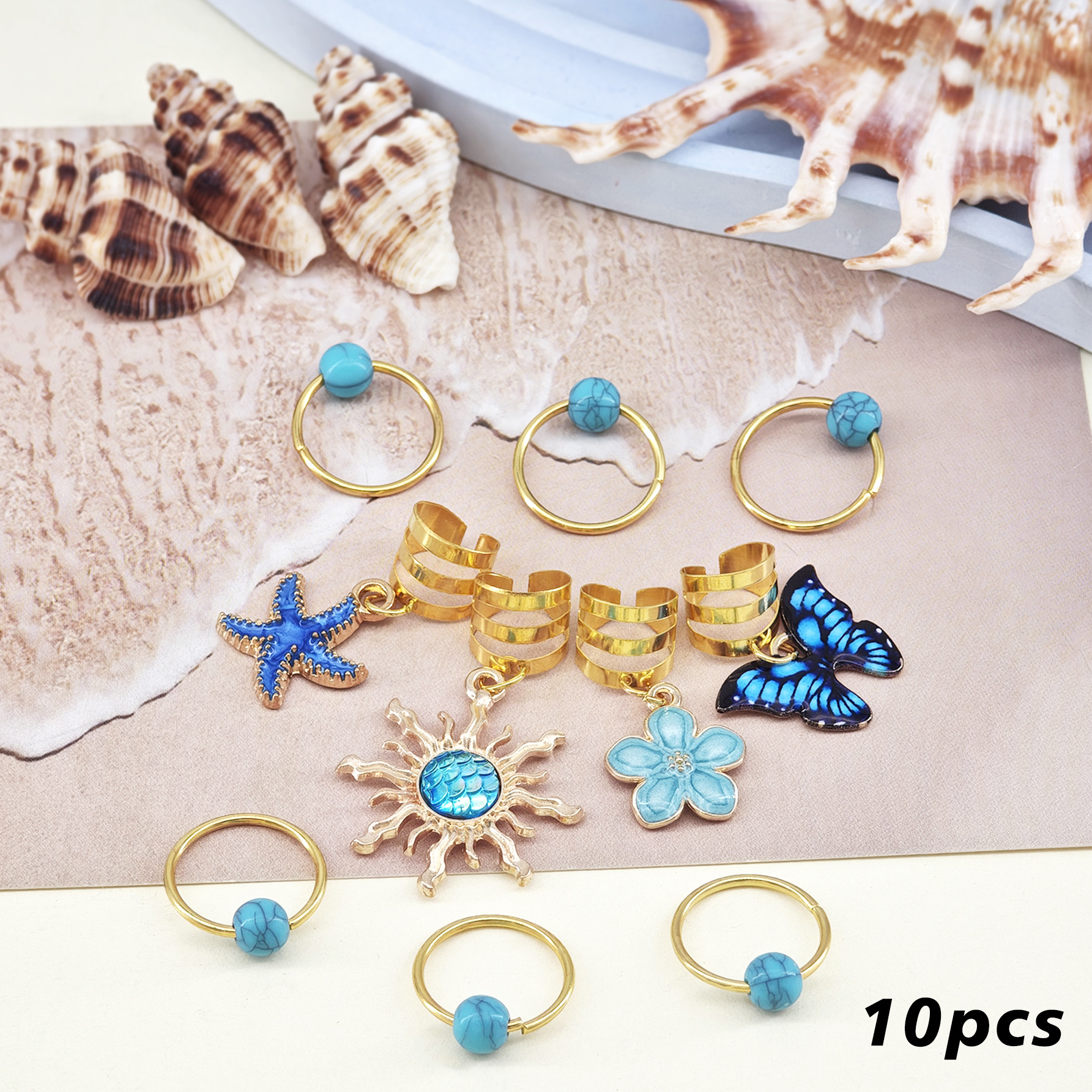 TEMU 10 piezas de anillos para el pelo ajustables Breeze - puños para el pelo con dijes de azul, , y sintética, adecuados para rastas, trenzas y