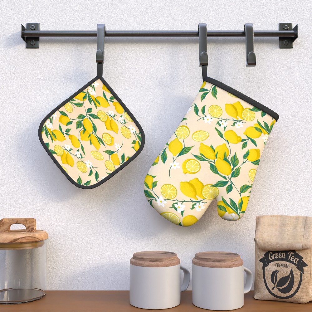 TEMU 2pcs Lemon-themed Oven Mitts & Pot Holders - Heat-resistant Non-slip Suitable For Cooking, Baking, Bbq, Camping - Lemon Design Kitchen With
