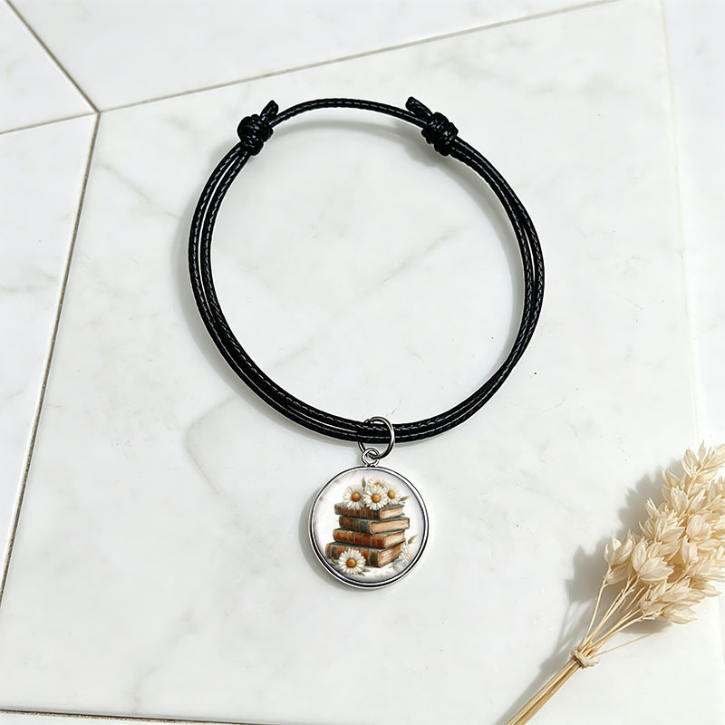Old Books with White Daisies Glass Dome Adjustable Bracelet for Unisex
