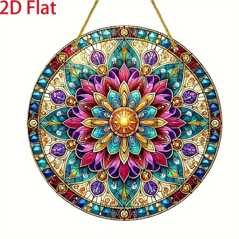 TEMU 2d Flat, Bohemian Mandala Window Hanging Decor - Acrylic Light Catcher With Enamel Glass Effect, Purple Pink Vintage Home Decor, Suitable For